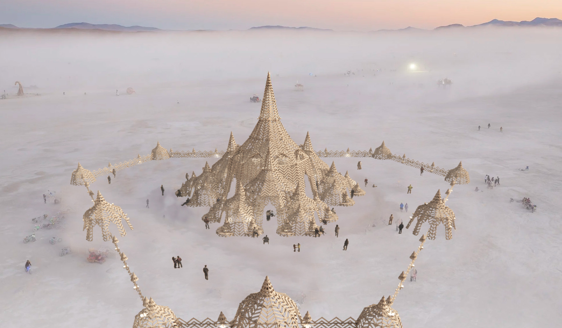 Aerial view of the Temple and its courtyard at dawn in a soft dust haze