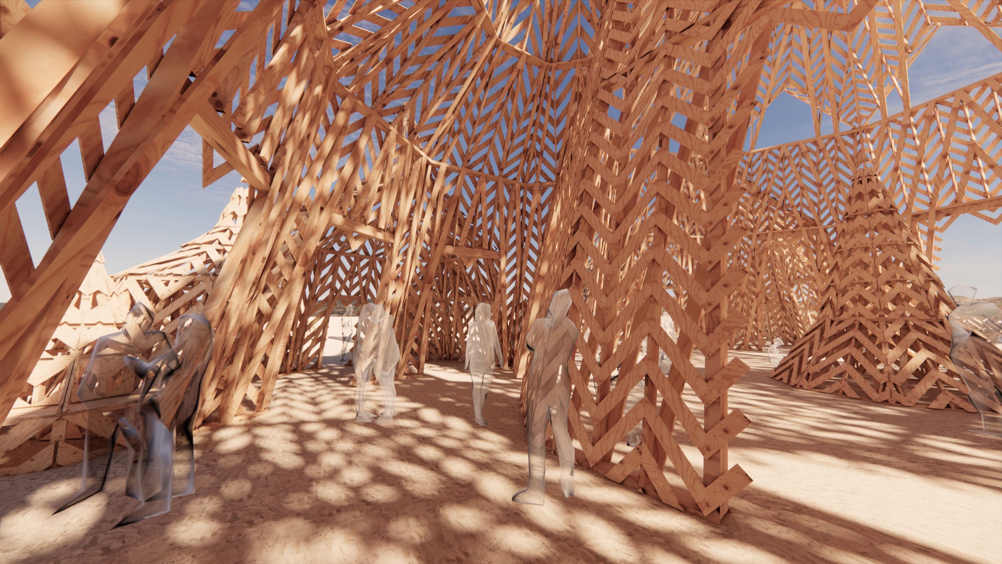 Inside the Temple: people walk beneath branching timber columns, dappled light on the playa floor