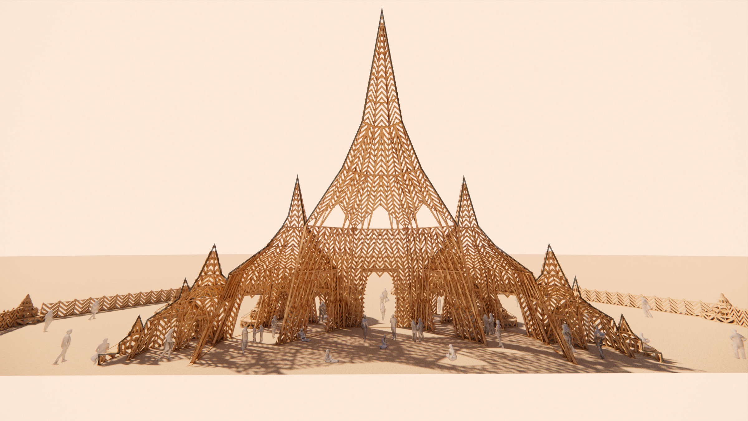 Section perspective of the Temple in daylight: timber lattice spires over the playa