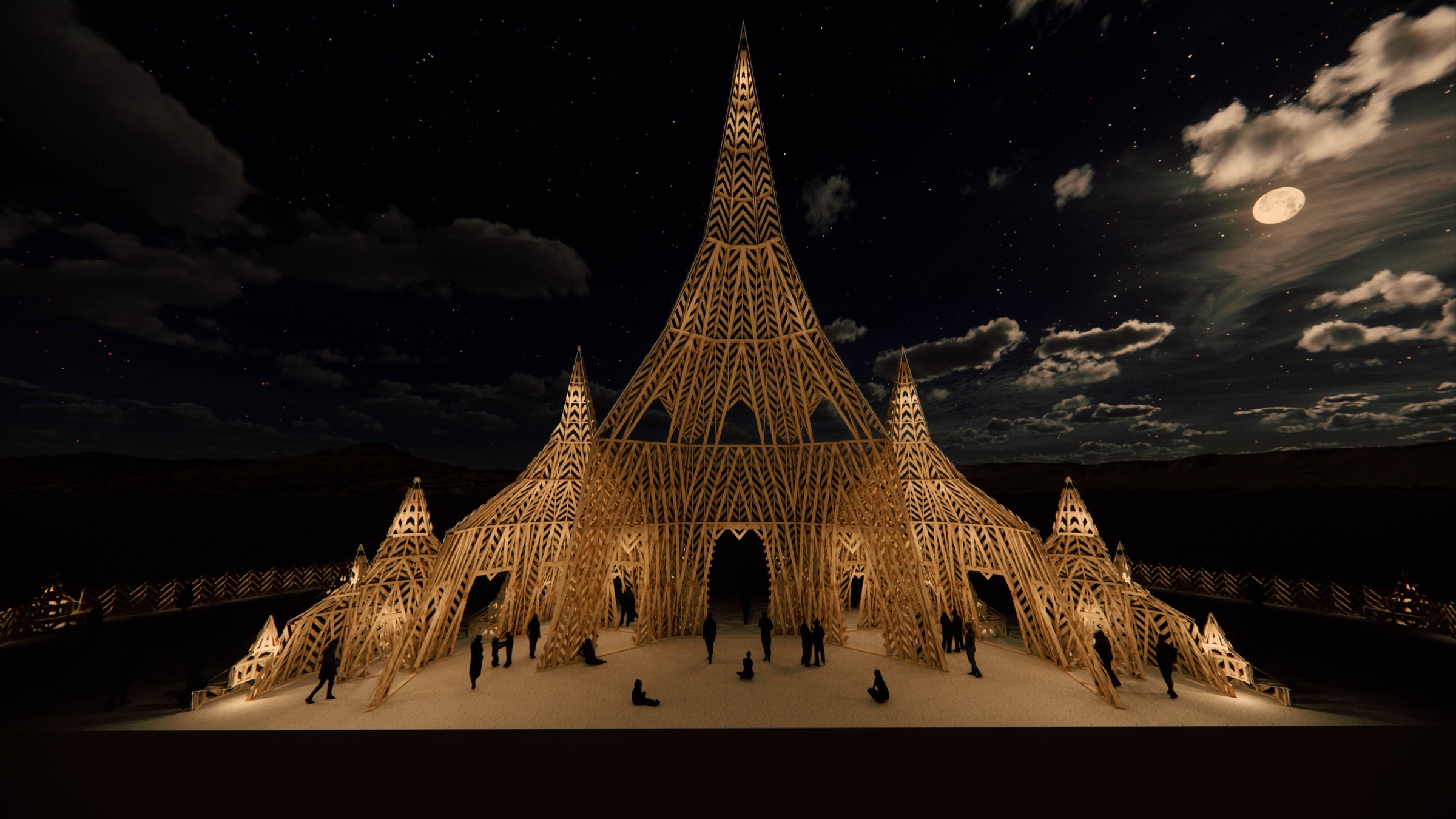 Section perspective of the Temple at night, lit warm from within under a starry sky