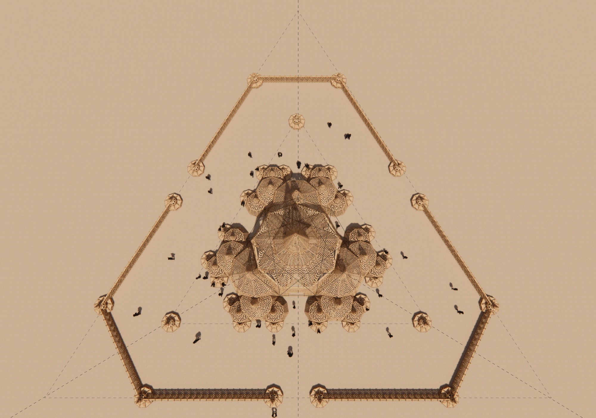 Top-down site plan of the Temple: a hexagonal courtyard wall inside a triangle of construction lines