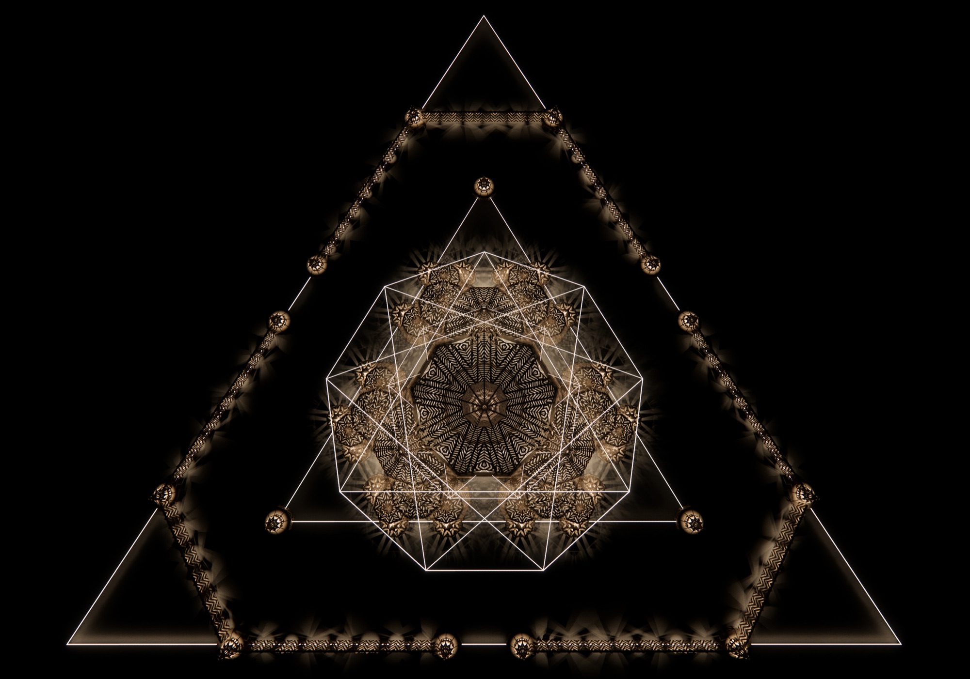 Top-down site plan of the Temple at night, the central chamber glowing